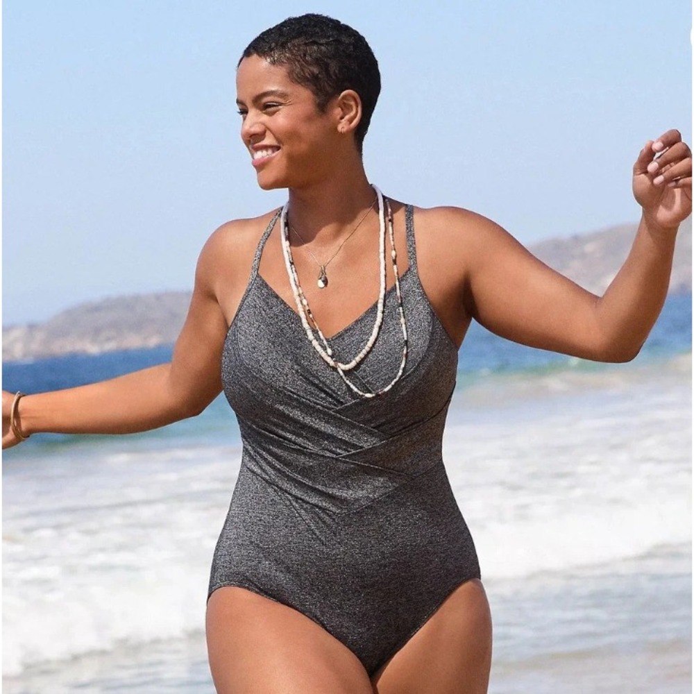 Lands' End Slender Suit Black Silver  Shine Tummy Control One Piece Swimsuit 24W